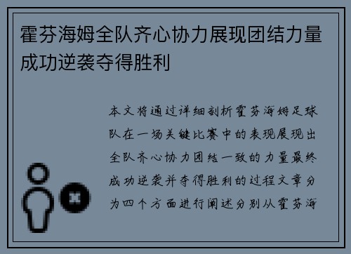 霍芬海姆全队齐心协力展现团结力量成功逆袭夺得胜利